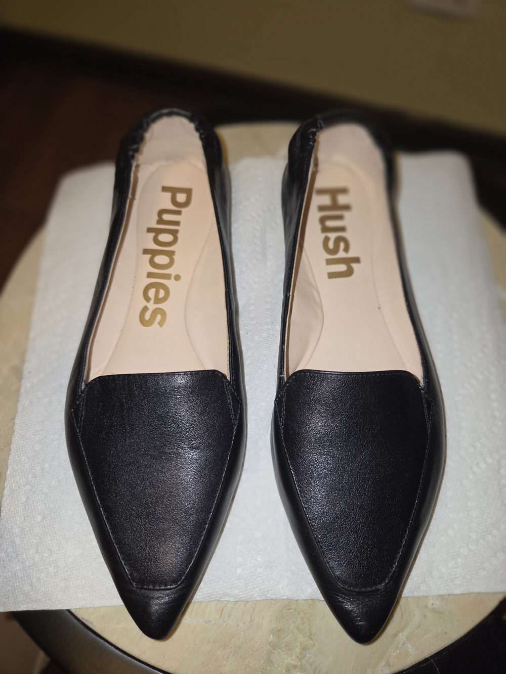 Hush Puppies Women's Black Pointed Leather-Look Slip-On Flats